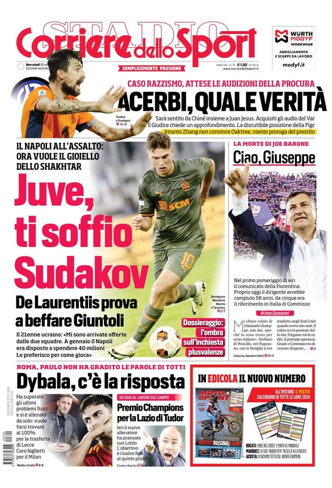 EDICOLA / CdS: Zhang non convince Oaktree, niente proroga del prestito. Acerbi… - immagine 1