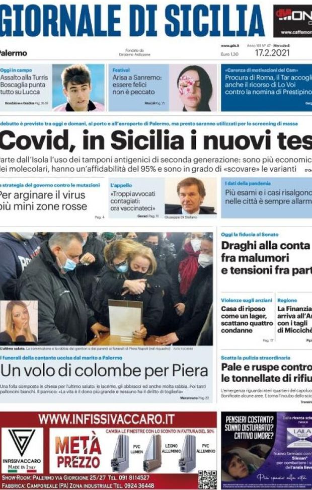 Prima Pagina, Giornale di Sicilia: “Covid, in Sicilia i nuovi test. Assalto alla Turris, Boscaglia punta tutto su Lucca. Un volo di colombe per Piera” Prima Pagina, Giornale di Sicilia: “Covid, in Sicilia i nuovi test. Assalto alla Turris, Boscaglia punta tutto su Lucca. Un volo di colombe per Piera”