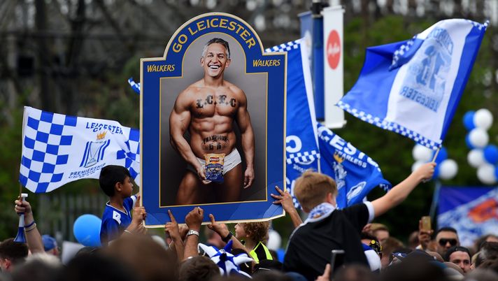LEICESTER, ENGLAND - MAY 07: Leicester fans hold a poster displaying the image of former Leicester footballer Gary Lineker in his underwear, in relation to the TV presenter's promise to present Match of the Day in his underwear if Leicester won the Premier League title, outside the stadium before the Barclays Premier League match between Leicester City and Everton at The King Power Stadium on May 7, 2016 in Leicester, United Kingdom. (Photo by Shaun Botterill/Getty Images) LEICESTER, ENGLAND - MAY 07: Leicester fans hold a poster displaying the image of former Leicester footballer Gary Lineker in his underwear, in relation to the TV presenter's promise to present Match of the Day in his underwear if Leicester won the Premier League title, outside the stadium before the Barclays Premier League match between Leicester City and Everton at The King Power Stadium on May 7, 2016 in Leicester, United Kingdom. (Photo by Shaun Botterill/Getty Images)