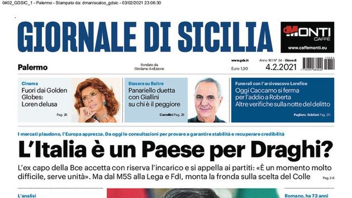 Prima Pagina, Giornale di Sicilia: “L’Italia è un Paese per Draghi? Il Palermo si riaccende nella gara più difficile” 