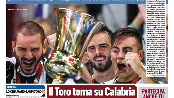 Prima Pagina, Tuttosport: “E uno! Trionfo Juve. Il Toro torna su Calabria” Prima Pagina, Tuttosport: “E uno! Trionfo Juve. Il Toro torna su Calabria”