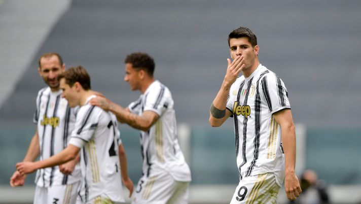 TURIN, ITALY - APRIL 11: Alvaro Morata of Juventus celebrates after scoring his team's second goal during the Serie A match between Juventus and Genoa CFC at Allianz Stadium on April 11, 2021 in Turin, Italy. Sporting stadiums around Italy remain under strict restrictions due to the Coronavirus Pandemic as Government social distancing laws prohibit fans inside venues resulting in games being played behind closed doors. (Photo by Daniele Badolato - Juventus FC/Juventus FC via Getty Images) TURIN, ITALY - APRIL 11: Alvaro Morata of Juventus celebrates after scoring his team's second goal during the Serie A match between Juventus and Genoa CFC at Allianz Stadium on April 11, 2021 in Turin, Italy. Sporting stadiums around Italy remain under strict restrictions due to the Coronavirus Pandemic as Government social distancing laws prohibit fans inside venues resulting in games being played behind closed doors. (Photo by Daniele Badolato - Juventus FC/Juventus FC via Getty Images)