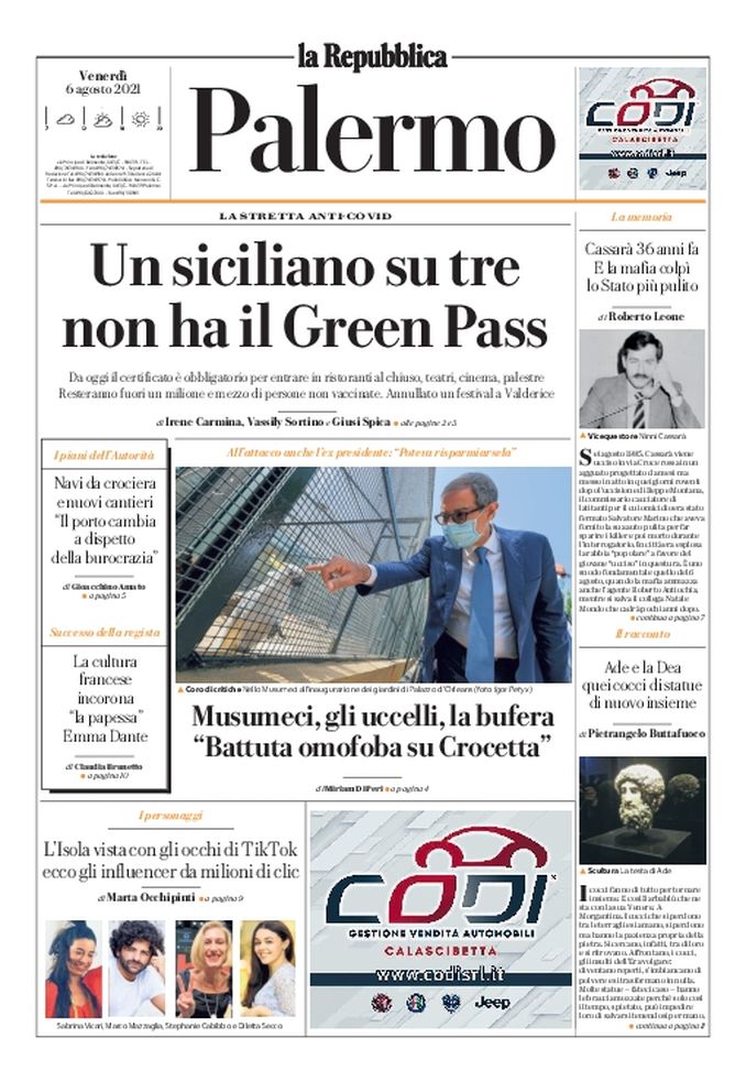 Prima Pagina, La Repubblica-Palermo: “Un siciliano su tre non ha il Green Pass” 