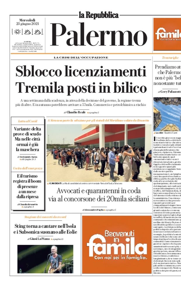Prima Pagina, La Repubblica-Palermo: “Boom del turismo. Sblocco licenziamenti” Prima Pagina, La Repubblica-Palermo: “Boom del turismo. Sblocco licenziamenti”