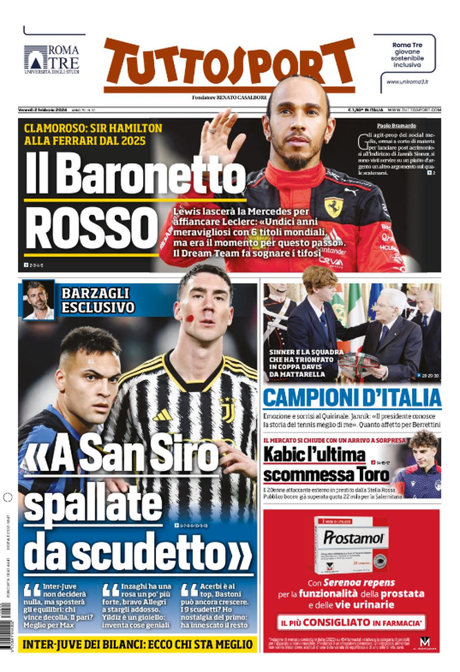 La prima pagina di Tuttosport 02/02/2024