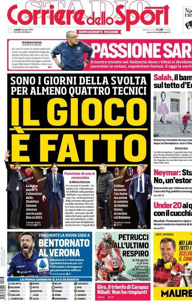 Prima Pagina, Corriere dello Sport: “Il gioco è fatto. Passione Sarri. Neymar: stupro? Bentornato Verona” Prima Pagina, Corriere dello Sport: “Il gioco è fatto. Passione Sarri. Neymar: stupro? Bentornato Verona”