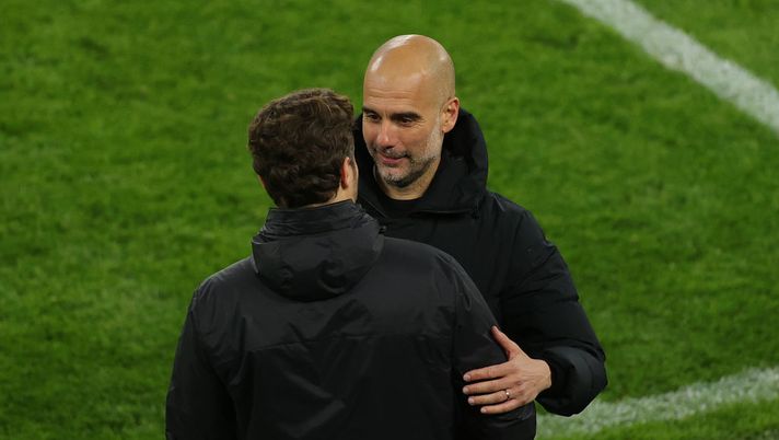 DORTMUND, GERMANY - APRIL 14: Pep Guardiola, Manager of Manchester City interacts with Edin Terzic, Head Coach of Borussia Dortmund following the UEFA Champions League Quarter Final Second Leg match between Borussia Dortmund and Manchester City at Signal Iduna Park on April 14, 2021 in Dortmund, Germany. Sporting stadiums around Germany remain under strict restrictions due to the Coronavirus Pandemic as Government social distancing laws prohibit fans inside venues resulting in games being played behind closed doors. (Photo by Friedemann Vogel - Pool/Getty Images) DORTMUND, GERMANY - APRIL 14: Pep Guardiola, Manager of Manchester City interacts with Edin Terzic, Head Coach of Borussia Dortmund following the UEFA Champions League Quarter Final Second Leg match between Borussia Dortmund and Manchester City at Signal Iduna Park on April 14, 2021 in Dortmund, Germany. Sporting stadiums around Germany remain under strict restrictions due to the Coronavirus Pandemic as Government social distancing laws prohibit fans inside venues resulting in games being played behind closed doors. (Photo by Friedemann Vogel - Pool/Getty Images)