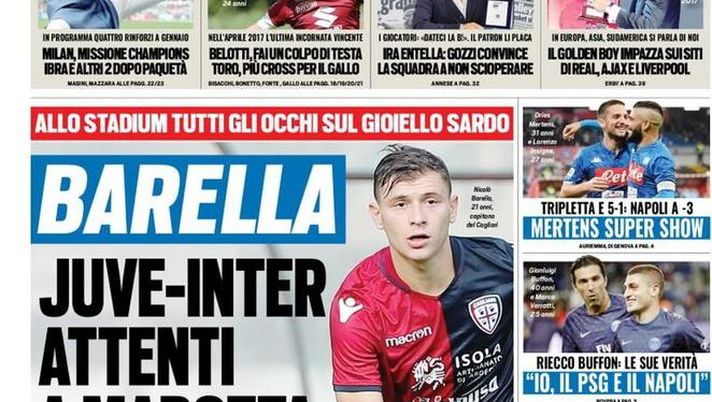 Prima Pagina, Tuttosport: “Barella, attenti a Marotta. Milan, missione Champions. Mertens super show…”  Prima Pagina, Tuttosport: “Barella, attenti a Marotta. Milan, missione Champions. Mertens super show…”