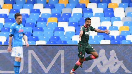 NAPLES, ITALY - APRIL 03: Junior Messias of Crotone celebrates after scoring their side's third goal during the Serie A match between SSC Napoli and FC Crotone at Stadio Diego Armando Maradona on April 03, 2021 in Naples, Italy. Sporting stadiums around Italy remain under strict restrictions due to the Coronavirus Pandemic as Government social distancing laws prohibit fans inside venues resulting in games being played behind closed doors. (Photo by Francesco Pecoraro/Getty Images)
