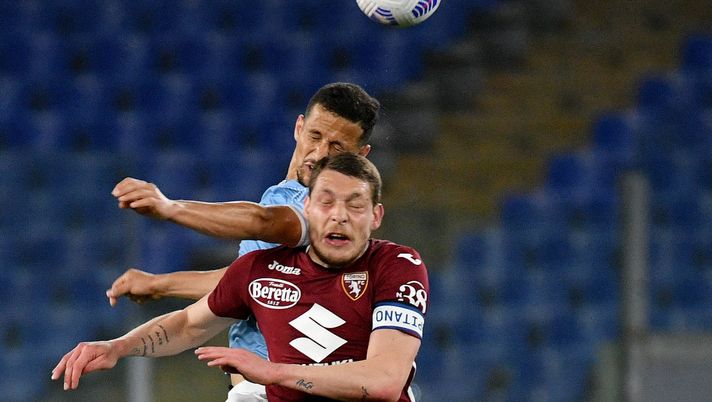 ROME, ITALY - MAY 18: Luiz Felipe Ramos Marchi of SS Lazio competes for the ball with Andrea Belotti of Torino FC during the Serie A match between SS Lazio  and Torino FC at Stadio Olimpico on May 18, 2021 in Rome, Italy. (Photo by Marco Rosi - SS Lazio/Getty Images) 