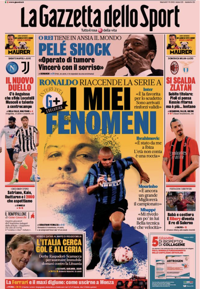 Prima Pagina, Gazzetta dello Sport:”Pelè shock, operato di tumore. Si scalda Zlatan” Prima Pagina, Gazzetta dello Sport:”Pelè shock, operato di tumore. Si scalda Zlatan”