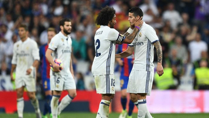 MADRID, SPAIN - APRIL 23: James Rodriguez of Real Madrid celebrates with Marcelo (12) as he scores their second goal during the La Liga match between Real Madrid CF and FC Barcelona at Estadio Bernabeu on April 23, 2017 in Madrid, Spain. (Photo by David Ramos/Getty Images) MADRID, SPAIN - APRIL 23: James Rodriguez of Real Madrid celebrates with Marcelo (12) as he scores their second goal during the La Liga match between Real Madrid CF and FC Barcelona at Estadio Bernabeu on April 23, 2017 in Madrid, Spain. (Photo by David Ramos/Getty Images)