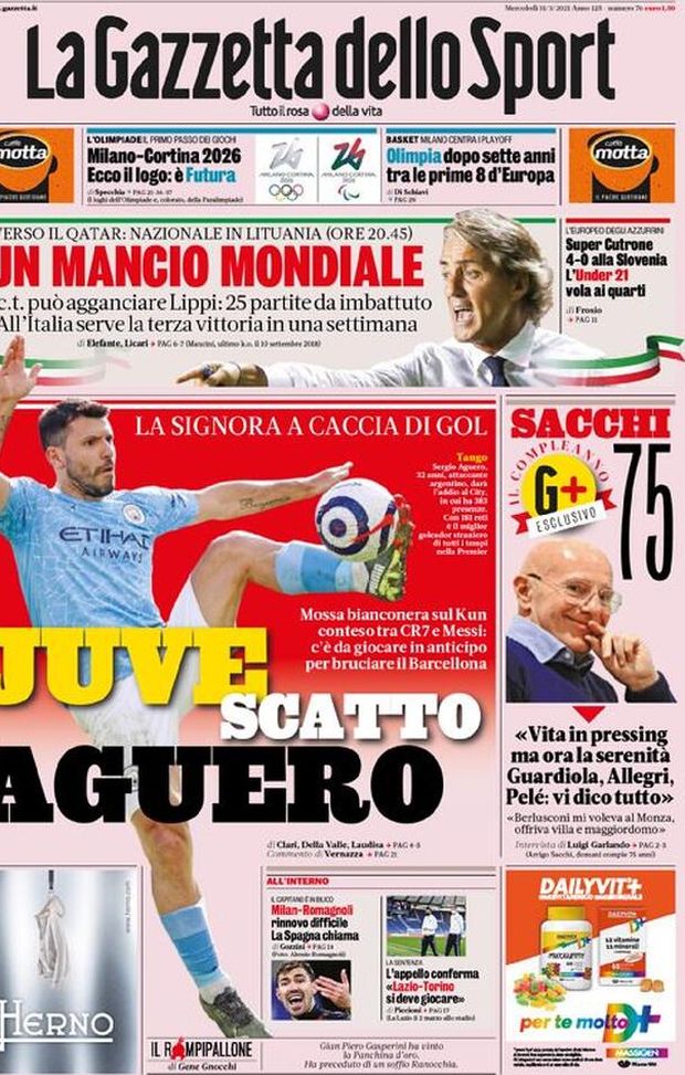 Prima Pagina, La Gazzetta dello Sport: &#8220;Un Mancio Mondiale! Juve, scatto Aguero&#8221; 