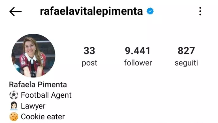 Rafaela Pimenta, la procuratrice di Bennacer tifa Milan? L'indizio social (screen instagram pimenta)