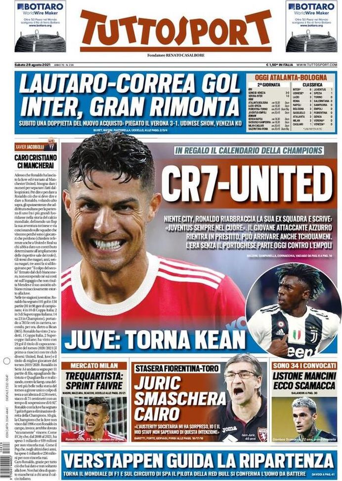 Prima Pagina, Tuttosport: “CR7 United! Lautaro-Correa gol, rimonta Inter” Prima Pagina, Tuttosport: “CR7 United! Lautaro-Correa gol, rimonta Inter”