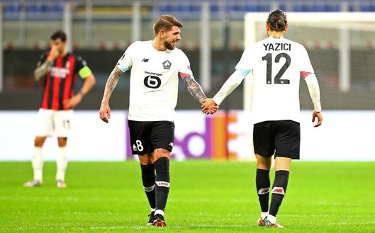 MILAN, ITALY - NOVEMBER 05: Yusuf Yazici (R) of LOSC Lille celebrates with his team-mate Xeka (L) after scoring the opening goal during the UEFA Europa League Group H stage match between AC Milan and LOSC Lille at San Siro Stadium on November 5, 2020 in Milan, Italy. (Photo by Marco Luzzani/Getty Images) MILAN, ITALY - NOVEMBER 05: Yusuf Yazici (R) of LOSC Lille celebrates with his team-mate Xeka (L) after scoring the opening goal during the UEFA Europa League Group H stage match between AC Milan and LOSC Lille at San Siro Stadium on November 5, 2020 in Milan, Italy. (Photo by Marco Luzzani/Getty Images)