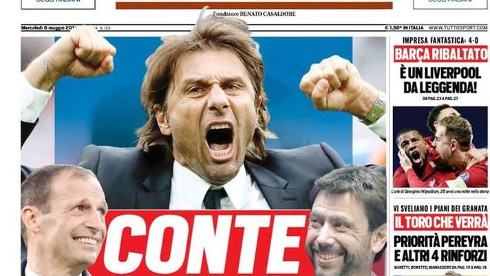 Prima Pagina, Tuttosport: “Liverpool da leggenda. Conte alla rovescia. Milan stangato”  Prima Pagina, Tuttosport: “Liverpool da leggenda. Conte alla rovescia. Milan stangato”