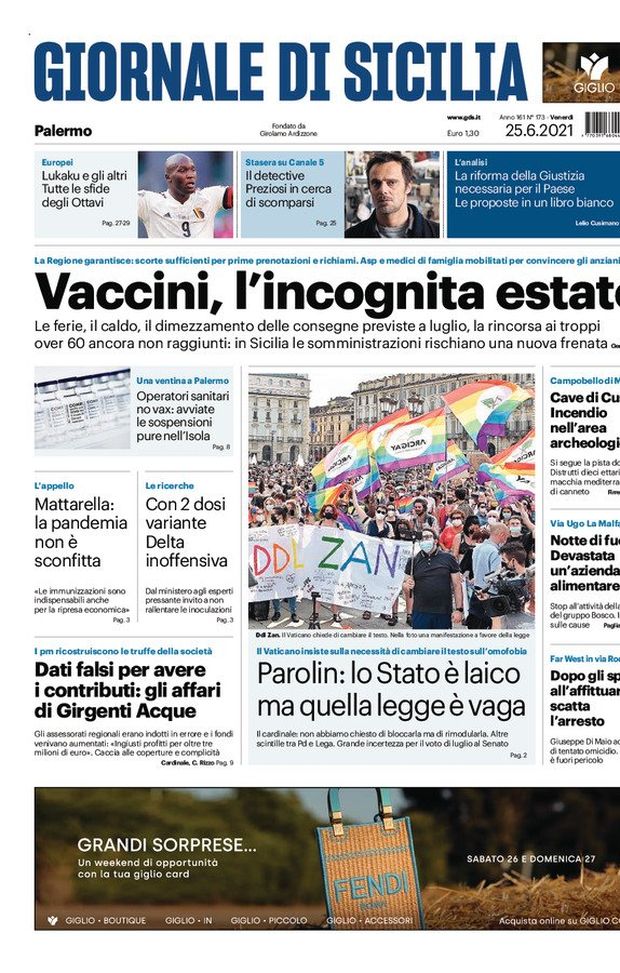 Prima Pagina, Giornale di Sicilia: “Vaccini, l’incognita estate”  Prima Pagina, Giornale di Sicilia: “Vaccini, l’incognita estate”