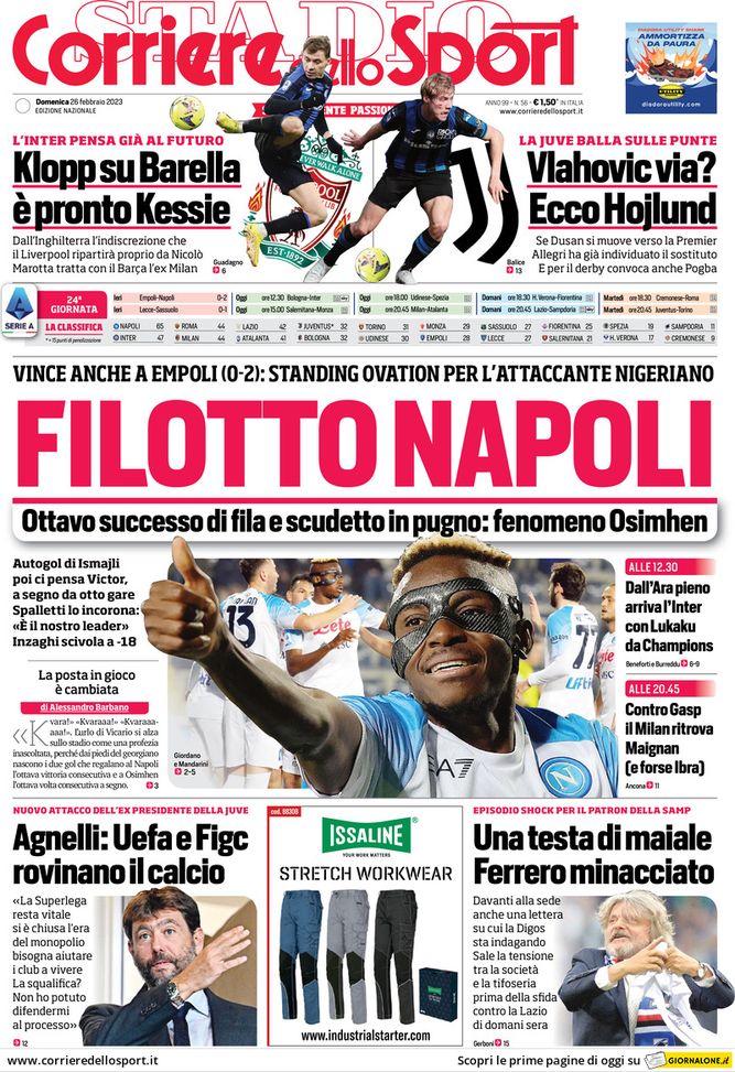 Prima pagina Corriere dello Sport 26/02/2023