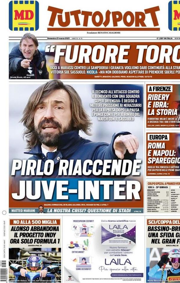 Tuttosport, la prima pagina di oggi, domenica 21 marzo 2021 