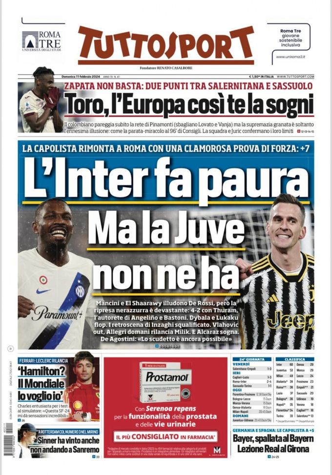EDICOLA / TS: L’Inter fa paura ma la Juve non ne ha. Prova di forza a Roma - immagine 1