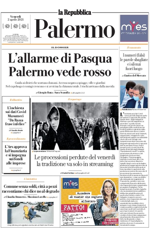 Prima Pagina, La Repubblica-Palermo: “L’allarme di Pasqua, Palermo vede rosso. Si avvicina la chiusura totale” 