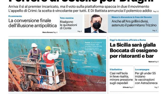 Prima Pagina, Giornale di Sicilia: “Polvere di 5 stelle per Draghi. La Sicilia sarà gialla, boccata d’aria per bar e ristoranti” Prima Pagina, Giornale di Sicilia: “Polvere di 5 stelle per Draghi. La Sicilia sarà gialla, boccata d’aria per bar e ristoranti”