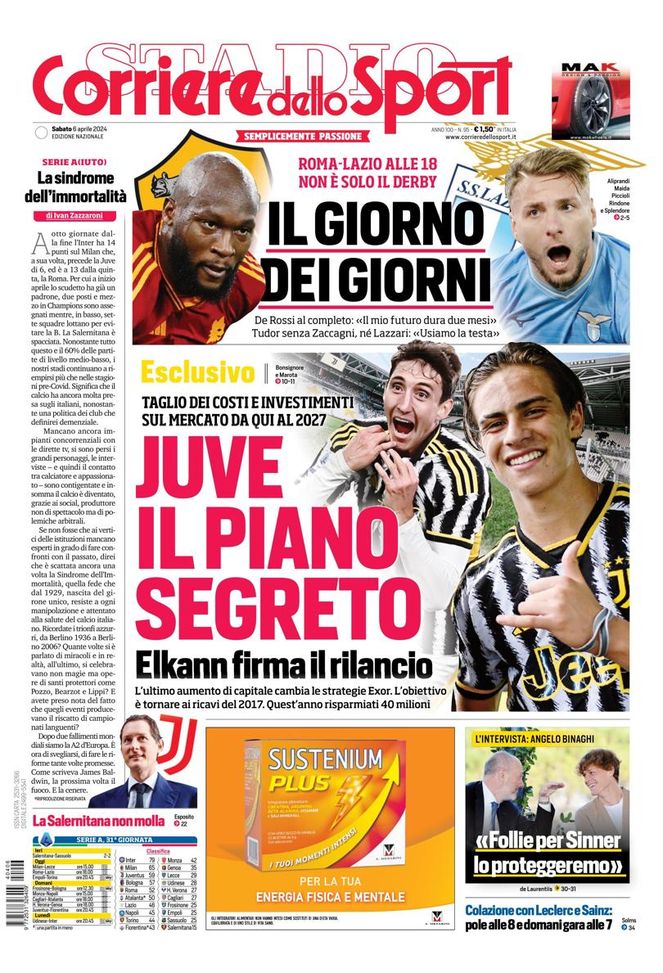 EDICOLA CDS – Juve, il piano segreto di Elkann. Roma-Lazio, il giorno dei giorni - immagine 1