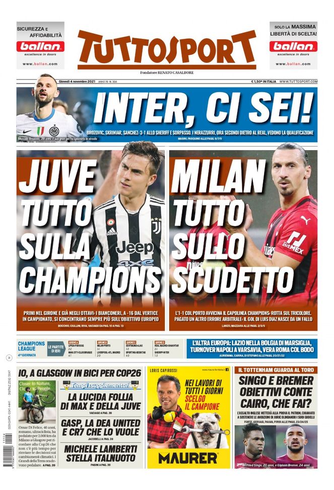 Prima Pagina, Tuttosport: “Juve, tutto sulla Champions. Milan, tutto sullo scudetto”  Prima Pagina, Tuttosport: “Juve, tutto sulla Champions. Milan, tutto sullo scudetto” - immagine 1