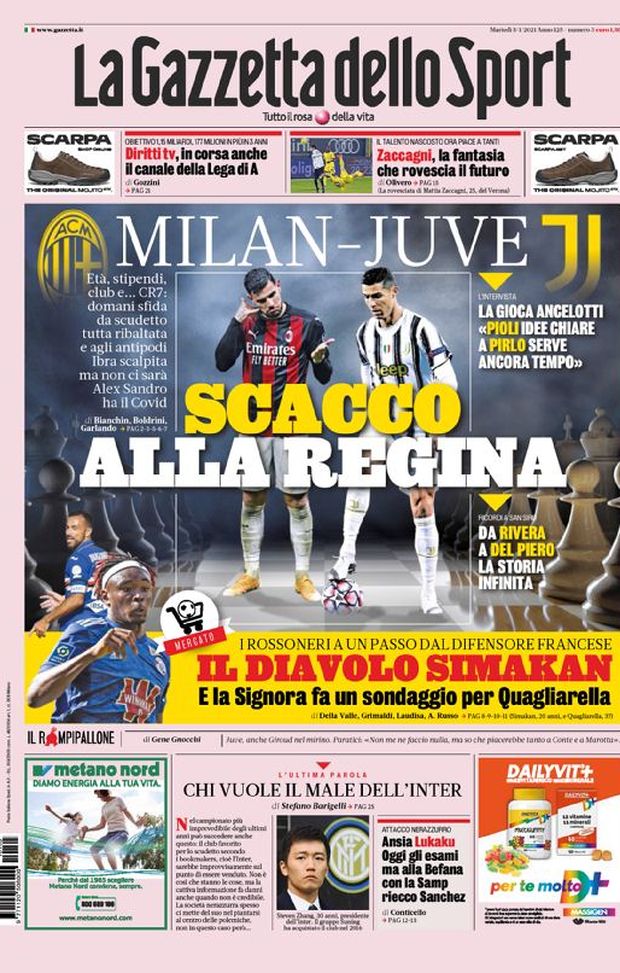 Prima Pagina, La Gazzetta dello Sport: “Milan-Juve, scacco alla regina. La Signora fa un sondaggio per Quagliarella” 