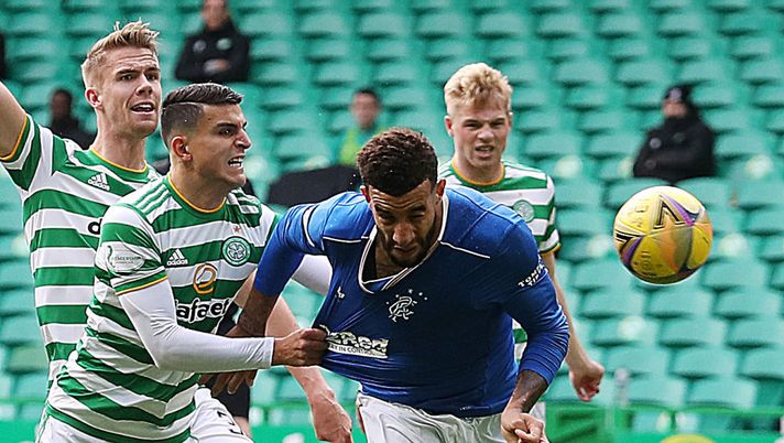 GLASGOW, SCOTLAND - OCTOBER 17: Connor Goldson of Rangers scores his team's first goal during the Ladbrokes Scottish Premiership match between Celtic and Rangers at Celtic Park on October 17, 2020 in Glasgow, Scotland. Sporting stadiums around the UK remain under strict restrictions due to the Coronavirus Pandemic as Government social distancing laws prohibit fans inside venues resulting in games being played behind closed doors. (Photo by Ian MacNicol/Getty Images) GLASGOW, SCOTLAND - OCTOBER 17: Connor Goldson of Rangers scores his team's first goal during the Ladbrokes Scottish Premiership match between Celtic and Rangers at Celtic Park on October 17, 2020 in Glasgow, Scotland. Sporting stadiums around the UK remain under strict restrictions due to the Coronavirus Pandemic as Government social distancing laws prohibit fans inside venues resulting in games being played behind closed doors. (Photo by Ian MacNicol/Getty Images)