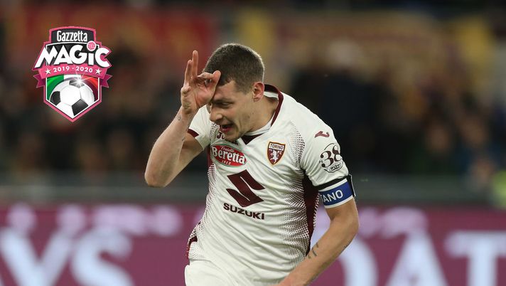 ROME, ITALY - JANUARY 05:  Andrea Belotti of Torino FC celebrates after scoring the team's second goal from penalty spot during the Serie A match between AS Roma and Torino FC at Stadio Olimpico on January 5, 2020 in Rome, Italy.  (Photo by Paolo Bruno/Getty Images) 