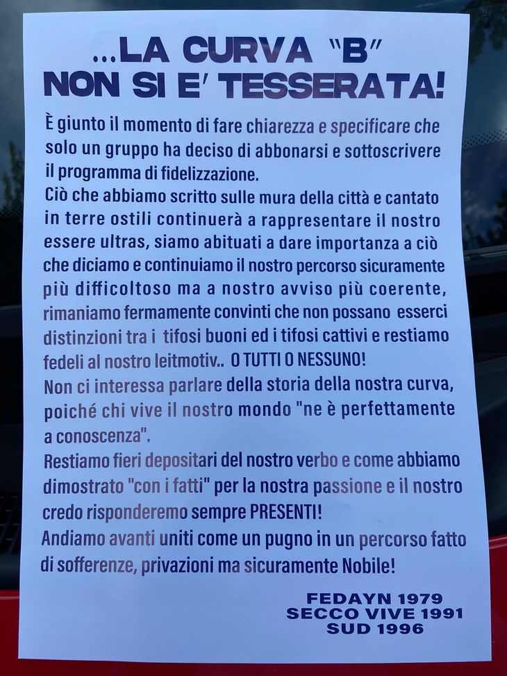 Curva B, no alla tessera: “No a distinzione tra tifosi buoni e cattivi, tutti o nessuno”- immagine 3