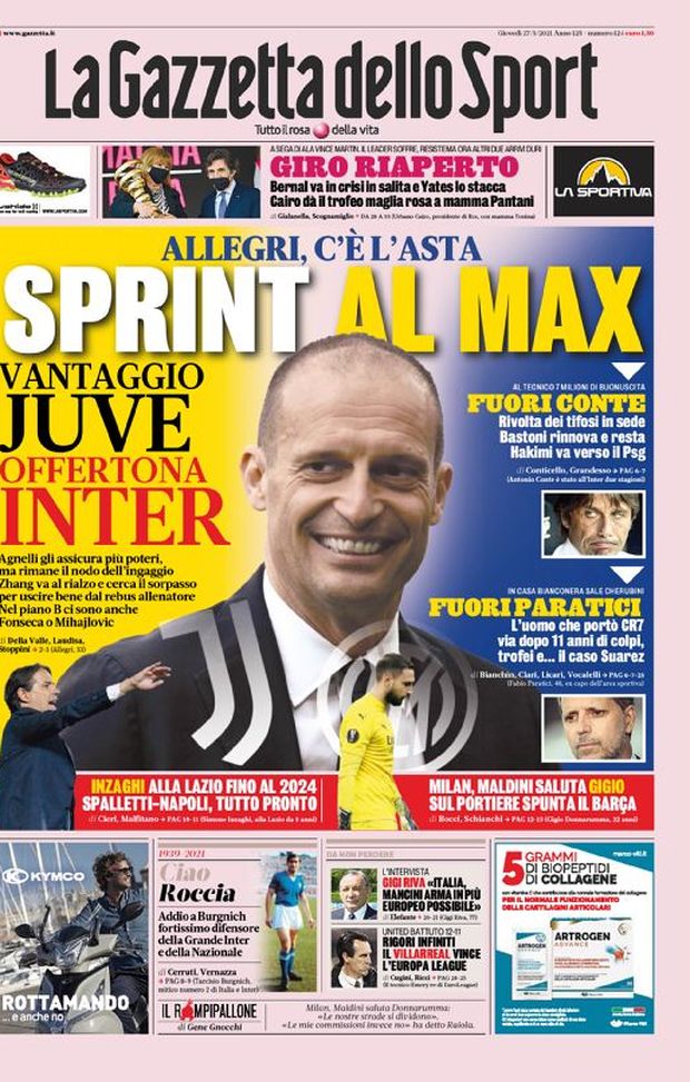 Prima Pagina, La Gazzetta dello Sport: “Sprint al Max. Allegri, c’è l’asta. Vantaggio Juve, offertona Inter” 