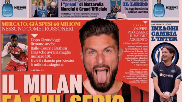 Prima Pagina, Gazetta dello Sport: “Il Milan fa sul serio. Inzaghi cambia l’Inter” 