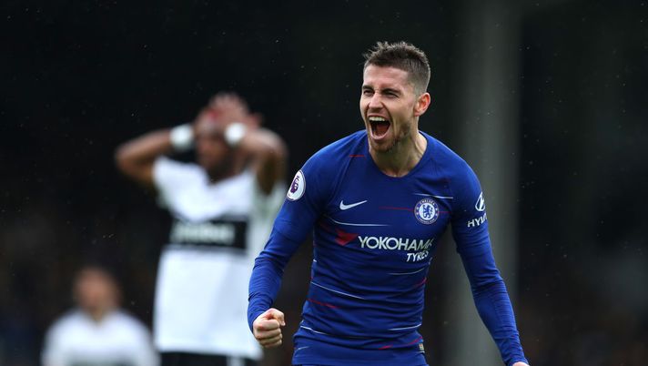 LONDON, ENGLAND - MARCH 03: Jorginho of Chelsea celebrates after scoring his sides second goal during the Premier League match between Fulham FC and Chelsea FC at Craven Cottage on March 03, 2019 in London, United Kingdom. (Photo by Catherine Ivill/Getty Images) 