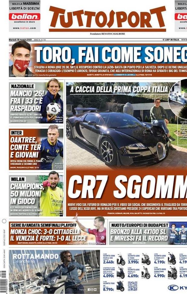 Prima Pagina, Tuttosport: “CR7 sgomma. Toro, fai come Sonego! Oaktree, Conte ter e giovani” Prima Pagina, Tuttosport: “CR7 sgomma. Toro, fai come Sonego! Oaktree, Conte ter e giovani”