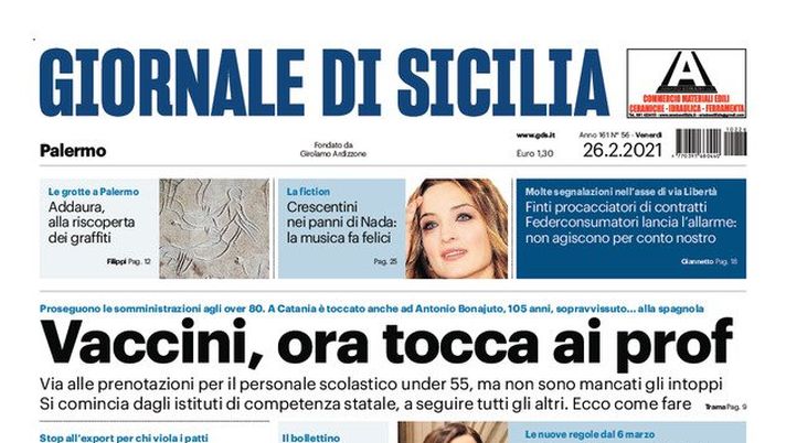 Prima Pagina, Giornale di Sicilia: “Vaccini, ora tocca ai prof. Traffico caos, ma torna la ZTL” 