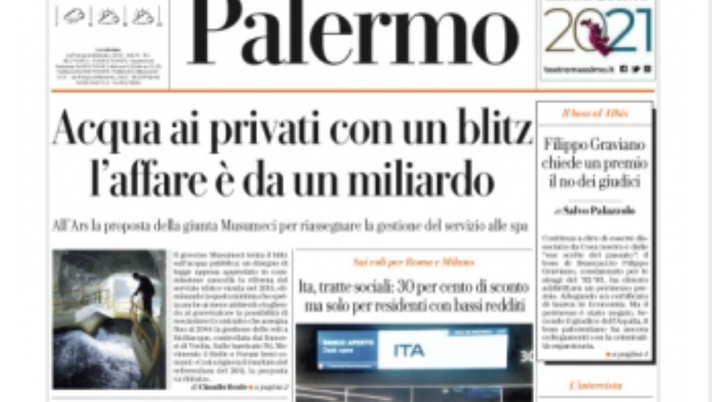 Prima Pagina, La Repubblica Palermo: “Acqua ai privati, l’affare è da un miliardo”  Prima Pagina, La Repubblica Palermo: “Acqua ai privati, l’affare è da un miliardo” - immagine 1