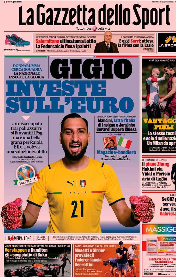 Prima Pagina, La Gazzetta dello Sport: “Gigio investe sull’Euro. Vantaggio Pioli” 