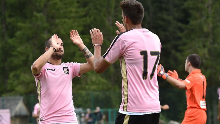 BELLUNO, ITALY - JULY 27: Ilija Nestorovski and Norbert Balogh celebrate during a friendly match between US Citta' di Palermo and San Dona' at the US Citta' di Palermo training camp on July 27, 2018 in Belluno, Italy. (Photo by Tullio M. Puglia/Getty Images) BELLUNO, ITALY - JULY 27: Ilija Nestorovski and Norbert Balogh celebrate during a friendly match between US Citta' di Palermo and San Dona' at the US Citta' di Palermo training camp on July 27, 2018 in Belluno, Italy. (Photo by Tullio M. Puglia/Getty Images)