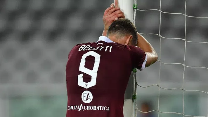 TURIN, ITALY - JULY 22:  Andrea Belotti of Torino FC shows his dejection after strike a post during the Serie A match between Torino FC and  Hellas Verona at Stadio Olimpico di Torino on July 22, 2020 in Turin, Italy.  (Photo by Valerio Pennicino/Getty Images)