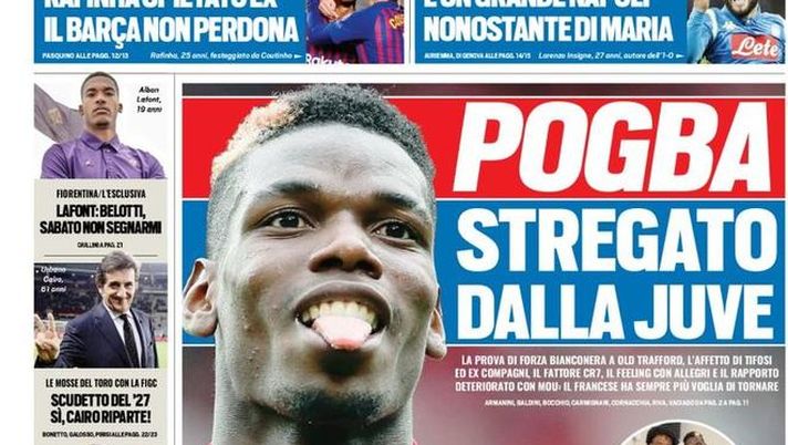 Prima Pagina, Tuttosport: &#8220;Pogba stregato dalla Juve. Rafinha spietato ex. Un grande Napoli. Milan, trappola Betis&#8230;&#8221; 