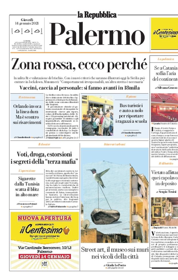 Prima Pagina, La Repubblica-Palermo: “Zona rossa, ecco perché. Vaccini, caccia al personale” Prima Pagina, La Repubblica-Palermo: “Zona rossa, ecco perché. Vaccini, caccia al personale”