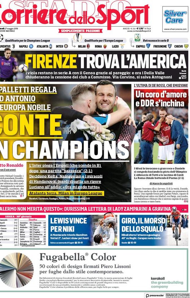 Prima Pagina, Corriere dello Sport: “Conte in Champions. Palermo non merita questo. DDR s’inchina” Prima Pagina, Corriere dello Sport: “Conte in Champions. Palermo non merita questo. DDR s’inchina”