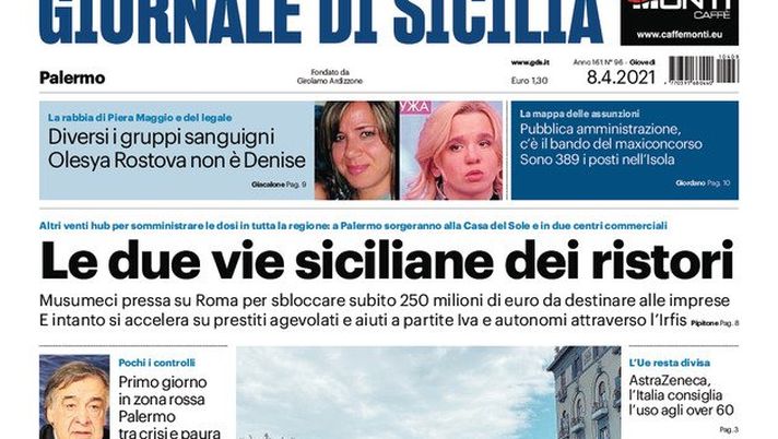 Prima Pagina, Giornale di Sicilia: &#8220;Le due vie siciliane dei ristori. Il Palermo si butta via&#8221; 