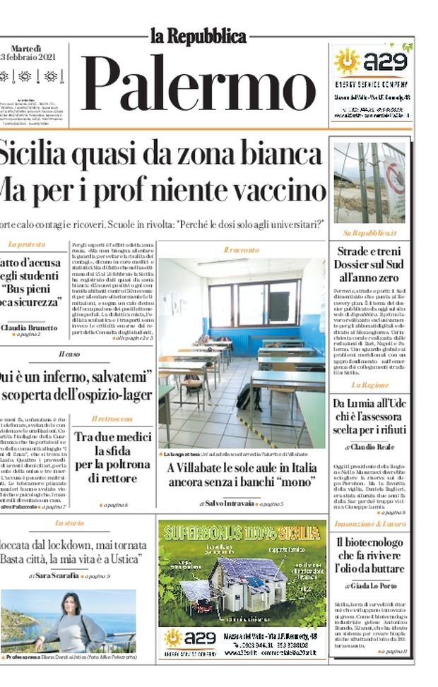 Prima Pagina, La Repubblica-Palermo: “Sicilia quasi da zona bianca, ma per i prof niente vaccino”  Prima Pagina, La Repubblica-Palermo: “Sicilia quasi da zona bianca, ma per i prof niente vaccino”