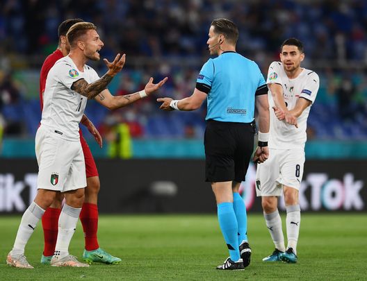 ROME, ITALY - JUNE 11: Ciro Immobile of Italy interacts with Match Referee, Danny Makkelie during the UEFA Euro 2020 Championship Group A match between Turkey and Italy at the Stadio Olimpico on June 11, 2021 in Rome, Italy. (Photo by Claudio Villa/Getty Images) ROME, ITALY - JUNE 11: Ciro Immobile of Italy interacts with Match Referee, Danny Makkelie during the UEFA Euro 2020 Championship Group A match between Turkey and Italy at the Stadio Olimpico on June 11, 2021 in Rome, Italy. (Photo by Claudio Villa/Getty Images)