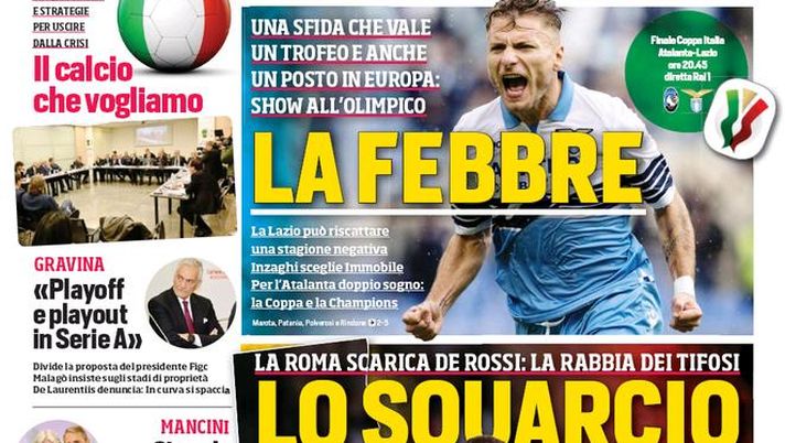 Prima Pagina, Corriere dello Sport: “La febbre. Lo squarcio. Gravina: ‘Playoff e playout in A'” 