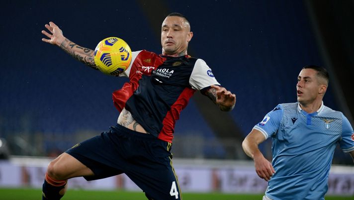 ROME, ITALY - FEBRUARY 07: Radja Nainggolan of Cachliari Calcio compete for the ball with Adam Marusic of SS Lazio during the Serie A match between SS Lazio and Cagliari Calcio at Stadio Olimpico on February 07, 2021 in Rome, Italy. Sporting stadiums around Italy remain under strict restrictions due to the Coronavirus Pandemic as Government social distancing laws prohibit fans inside venues resulting in games being played behind closed doors. (Photo by Marco Rosi - SS Lazio/Getty Images) ROME, ITALY - FEBRUARY 07: Radja Nainggolan of Cachliari Calcio compete for the ball with Adam Marusic of SS Lazio during the Serie A match between SS Lazio and Cagliari Calcio at Stadio Olimpico on February 07, 2021 in Rome, Italy. Sporting stadiums around Italy remain under strict restrictions due to the Coronavirus Pandemic as Government social distancing laws prohibit fans inside venues resulting in games being played behind closed doors. (Photo by Marco Rosi - SS Lazio/Getty Images)
